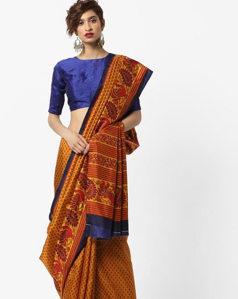 Floral Print Saree With Contrast Border By Florence ( Yellow )