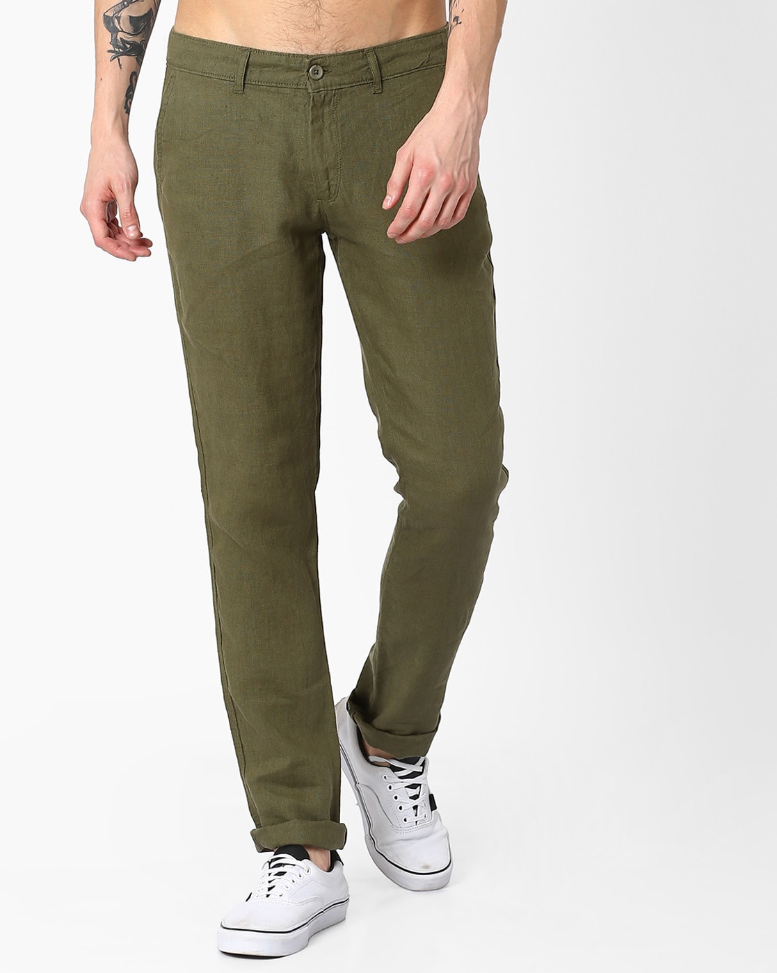 Olive Green Classic Regular Fit Solid Joggers Trousers (SOLYTEI) | Celio