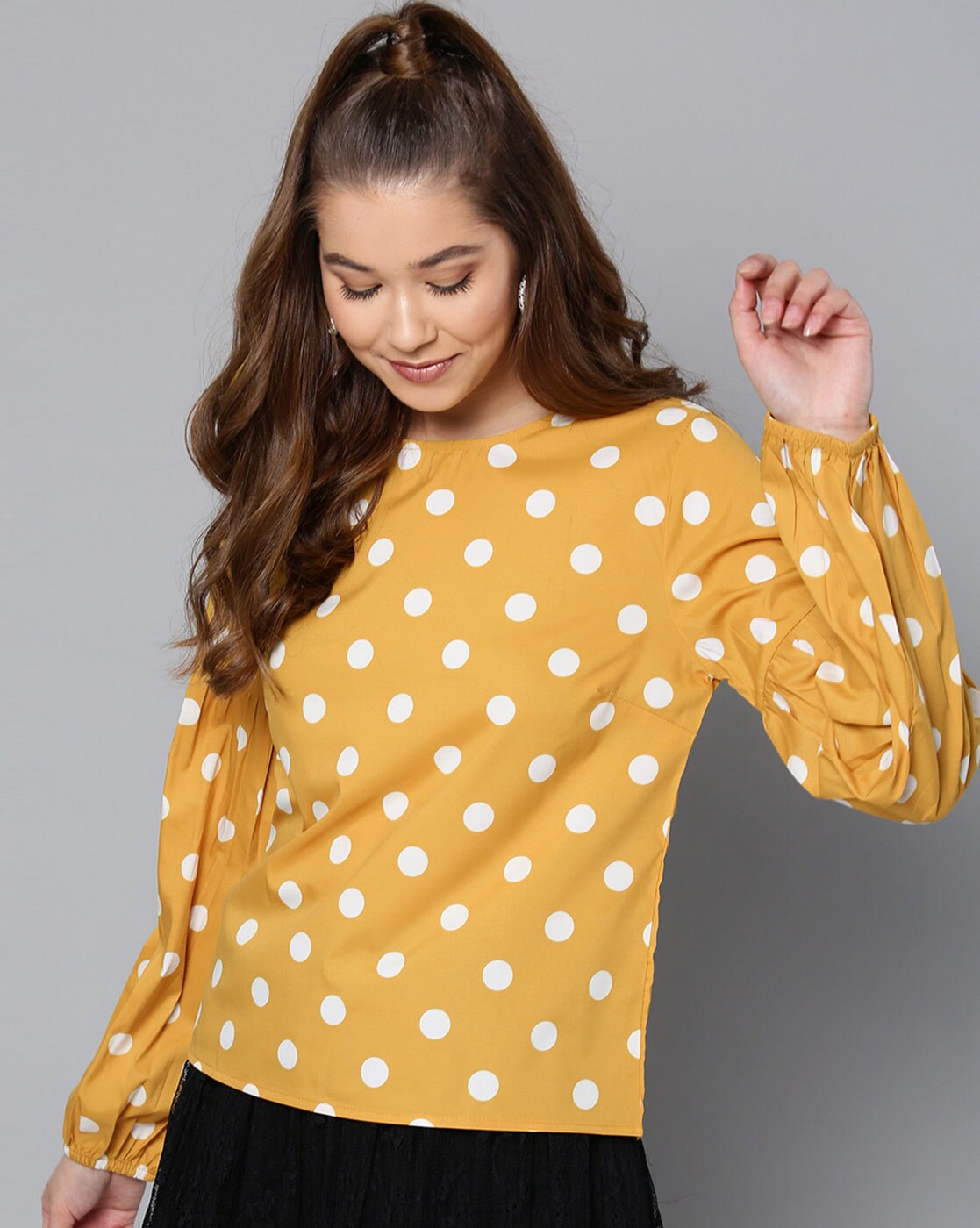 mustard yellow polka dot top