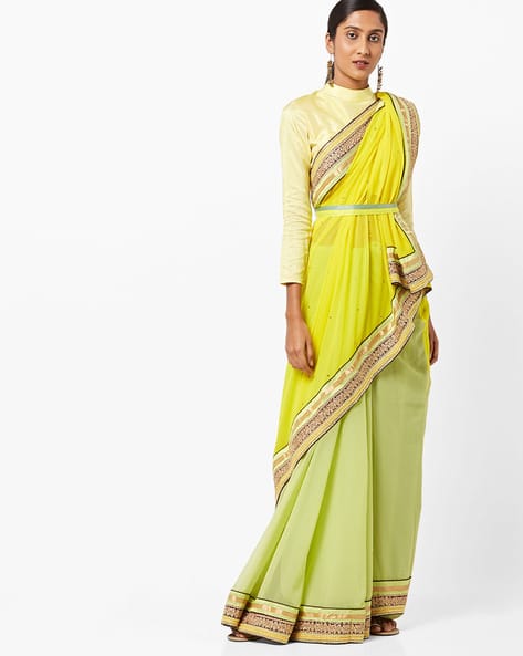 Embellished Georgette Saree With Contrast Border By Florence ( Yellow )