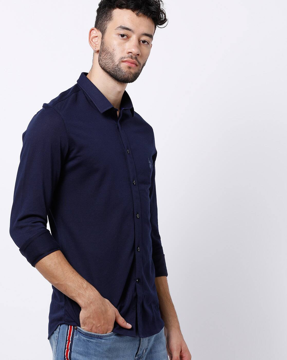 dark blue shirt with jeans