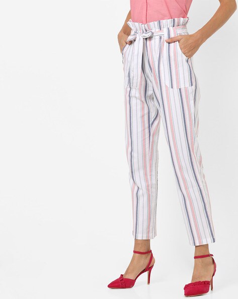 blue and white striped trousers