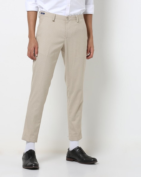 Ankle-Length Checked Slim Fit Flat-Front Trousers