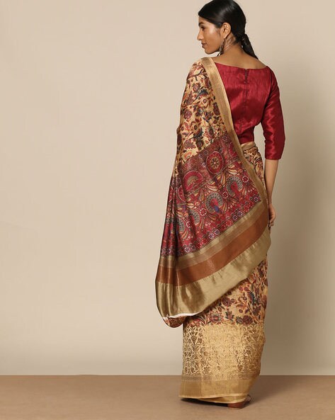 Sky Blue Printed Pure Silk Saree With Pink Border And Brown Colored Blouse  | Cash On Delivery Available, Throughout India