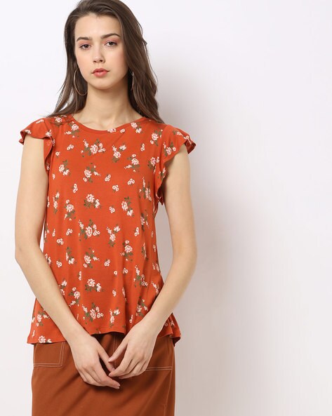 Floral Print Top with Ruffled Sleeves