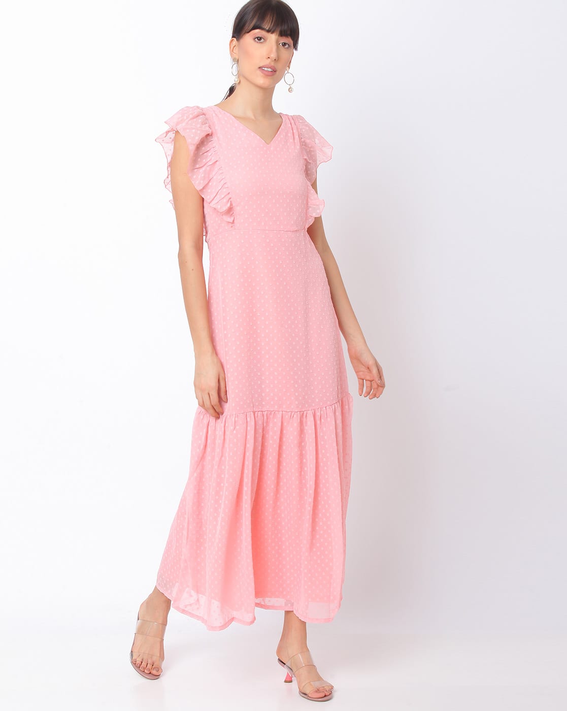 pink ruffle sleeve dress