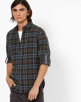 Checked Slim-Fit Shirt with Roll-Up Tabs