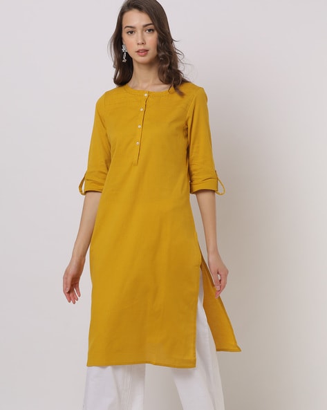 Aks women mustard solid straight kurta hotsell