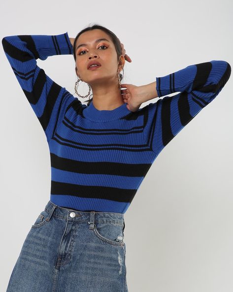 Striped Flat-Knit Sweater with Ribbed Hems