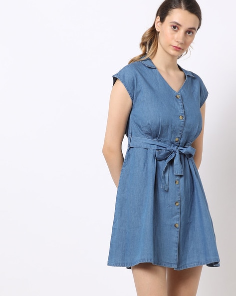 blue button down dress