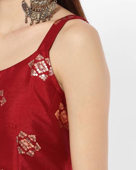 Maroon patchwork neck embroidery sleeveless & round neck muslin straight-cut  above-knee kurti