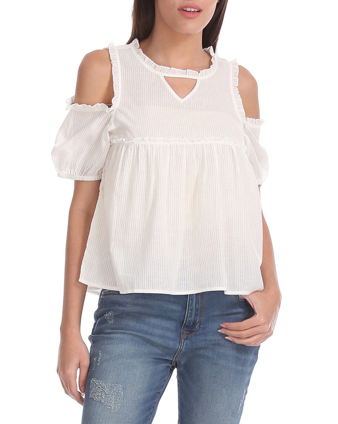 white ruffle cold shoulder top