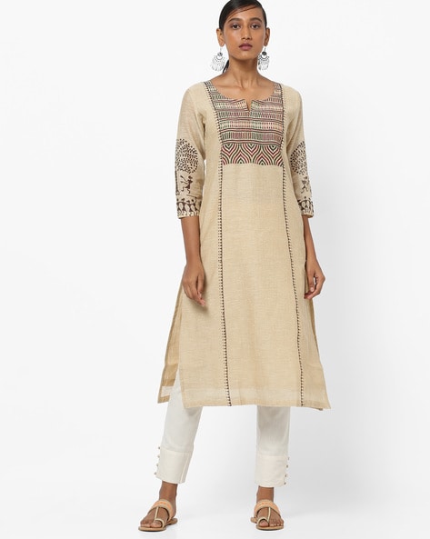 Khadi jute (weaved with golden zari) sleeveless cotton kurti with broc