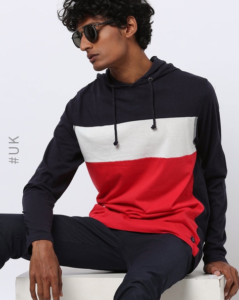 navy blue and red sweatshirt