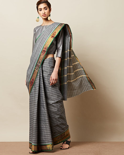 Indie Picks Grey Traditional Striped South Cotton Textured Saree with Zari Border