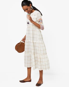 Checked Tiered Dress with Embroidered Sleeves