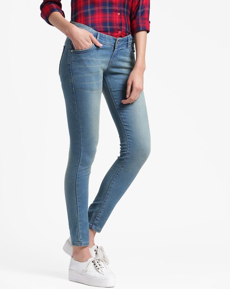 Lady Jeans High-Waisted MID Blue Washing Ripped Whisker Skinny