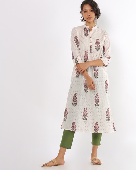 Pink Floral Embroidered Pure Cotton Kurti