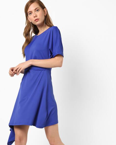 Knot-Front Shift Dress With Asymmetric Hem By AJIO ( Blue )
