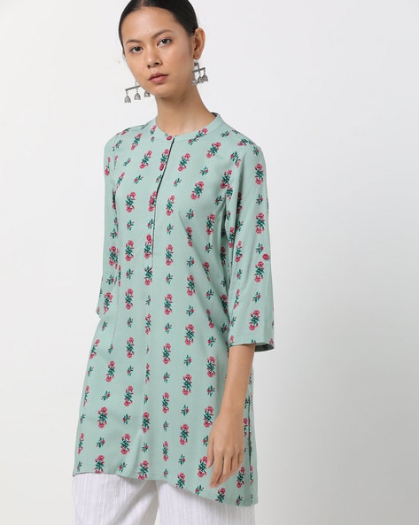 Floral Print Straight Tunic with Band Collar