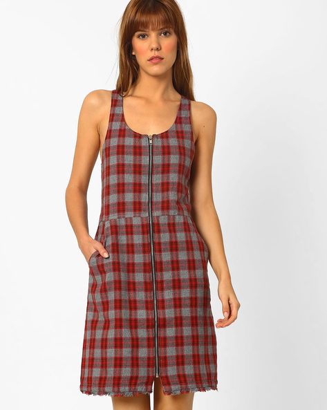 red plaid pinafore dress