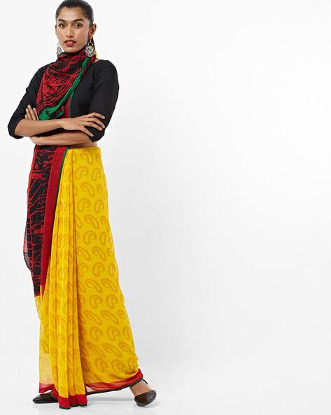 Paisley Print Chiffon Saree With Contrast Pallu By Florence ( Green ) - 460258929001