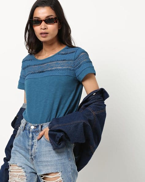 Crew-Neck T-shirt with Lace Panels