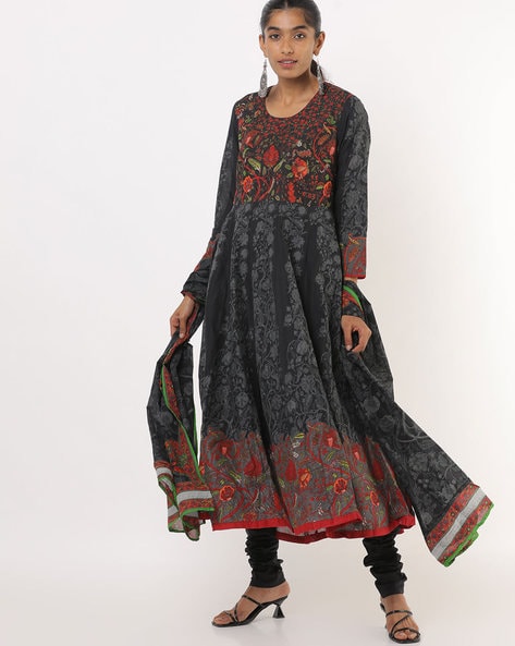 Buy Rohit Bal Black Silk Straight Printed Suit Set (Kurta, Churidar,  Dupatta) for INR7950.00 | Biba India