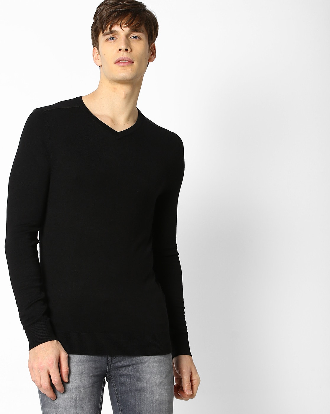 SELX Men Crewneck Knitted Pullover Elbow Patch Casual Sweater 