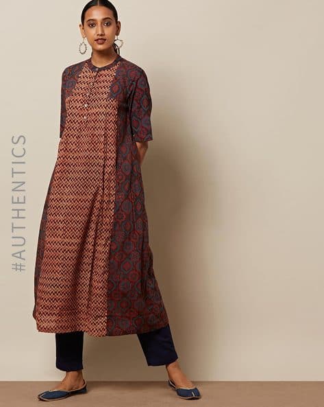 Handblock Ajrak Print Box Pleat Cotton Kurta With Kantha Work By Seasons ( Red )