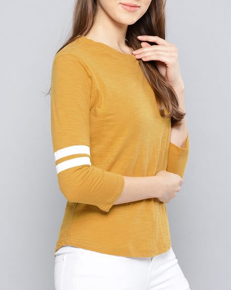 Round-Neck Top with Striped Sleeves