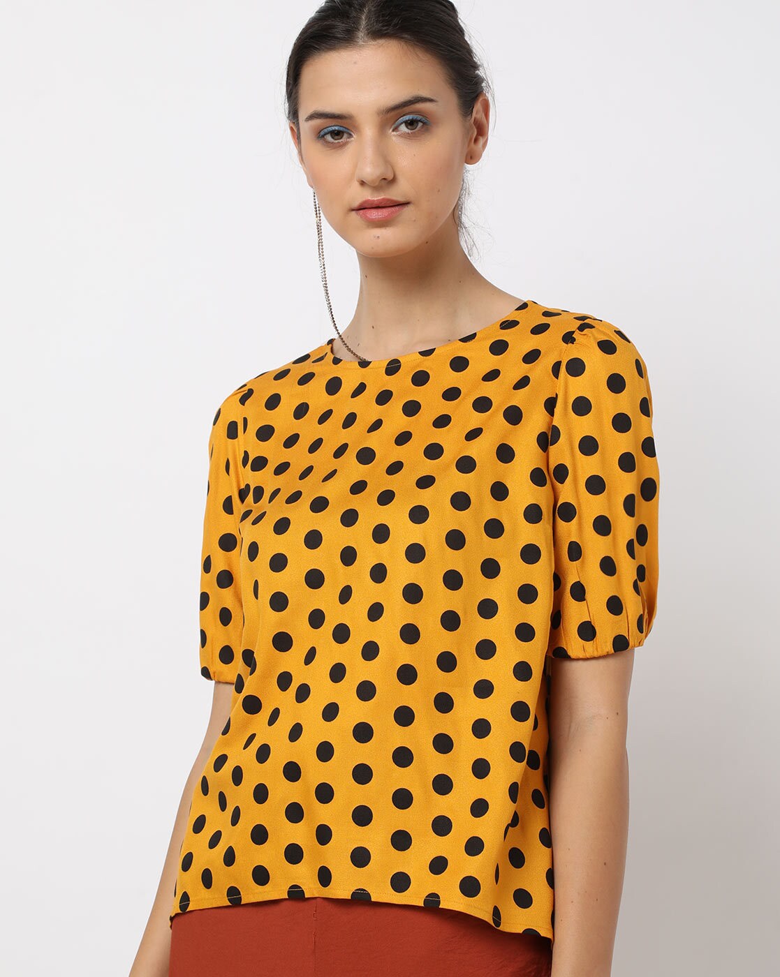 mustard yellow polka dot top