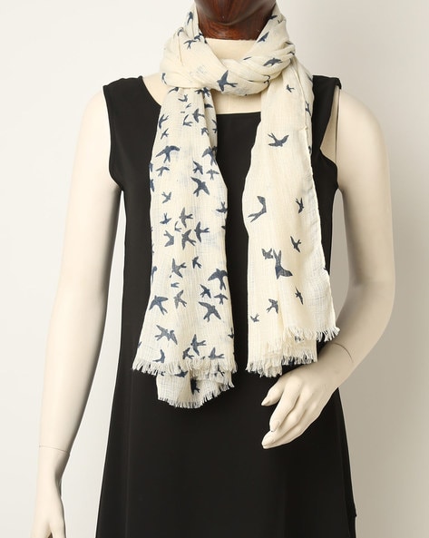 Bird Print Scarf with Raw Edges Price in India
