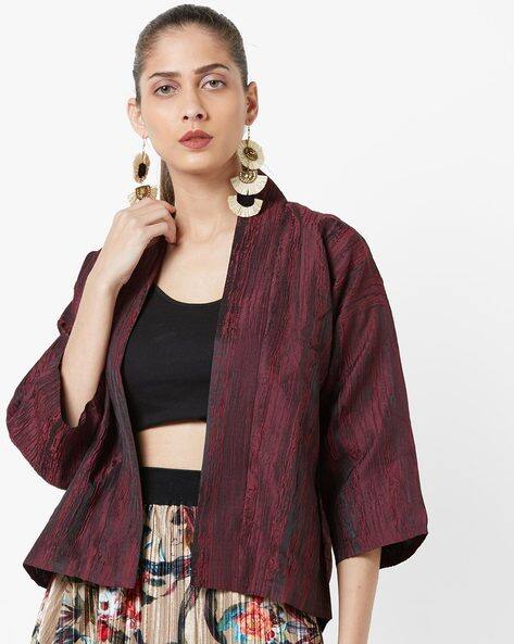 Textured Open-Front Jacket With Drop Shoulders By AJIO ( Red )