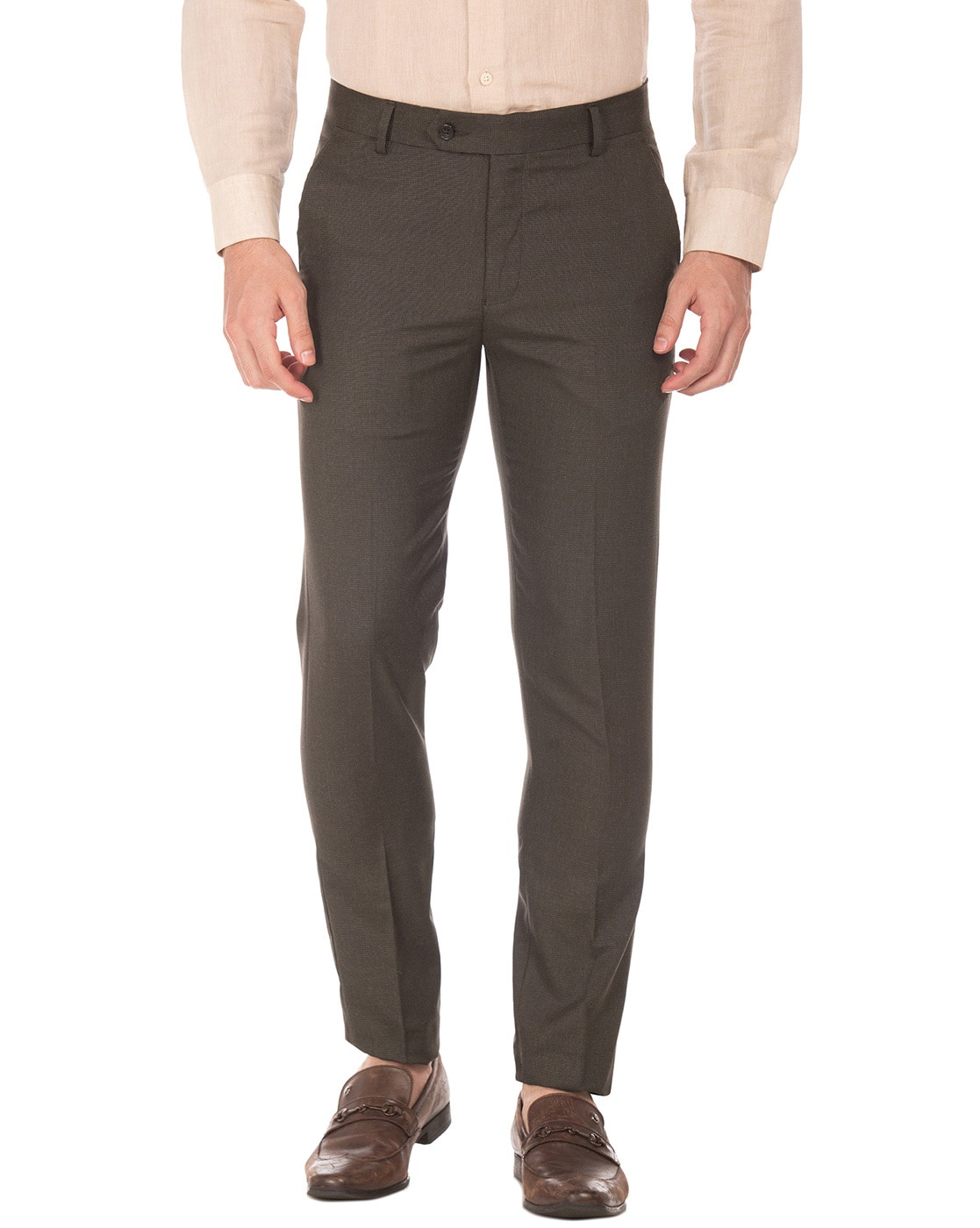 Buy INTUNE Brown Textured Polyester Blend Slim Fit Men Trousers | Shoppers  Stop