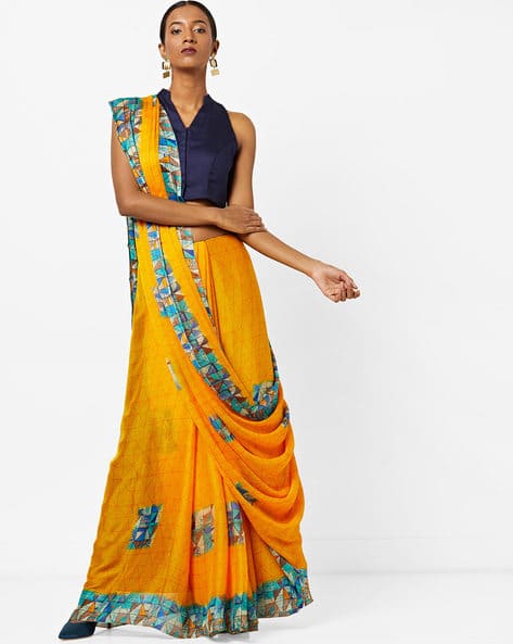 Printed Checked Saree With Contrast Border By Vaamsi ( Yellow )