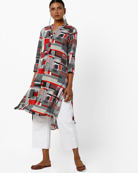 Geometric Print High-Low Tunic With Notched Neckline By Global Desi ( Grey )