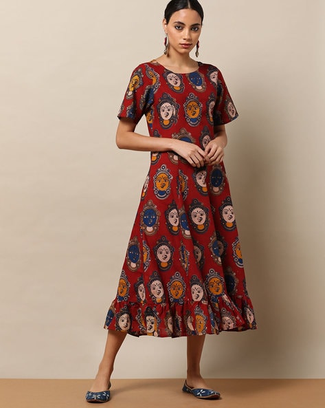 Buy Vinya Peach Silk Kalamkari Fit and Flare Dress (Set of 3) online