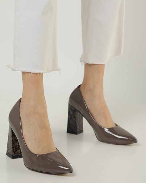 Taupe block 2025 heel pumps