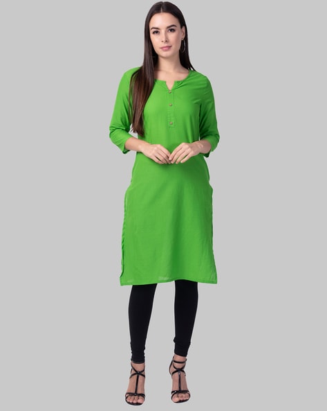 Rs925 Buy Online Poly Cotton Green Plain Stitched Straight Kurti  Ym725   Yogi Mirror  Review  Plain kurti designs Cotton kurti designs Simple  kurti designs