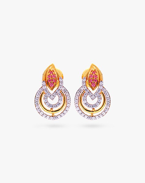 Reliance Jewels - This unique design displays intricate gold craftsmanship  inspired from trendy aesthetics and has ultra-modern sense of styling.  These whimsy earrings are crafted in 14KT gold and encrusted with  high-quality