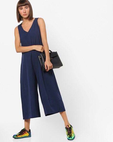 navy blue cropped jumpsuit