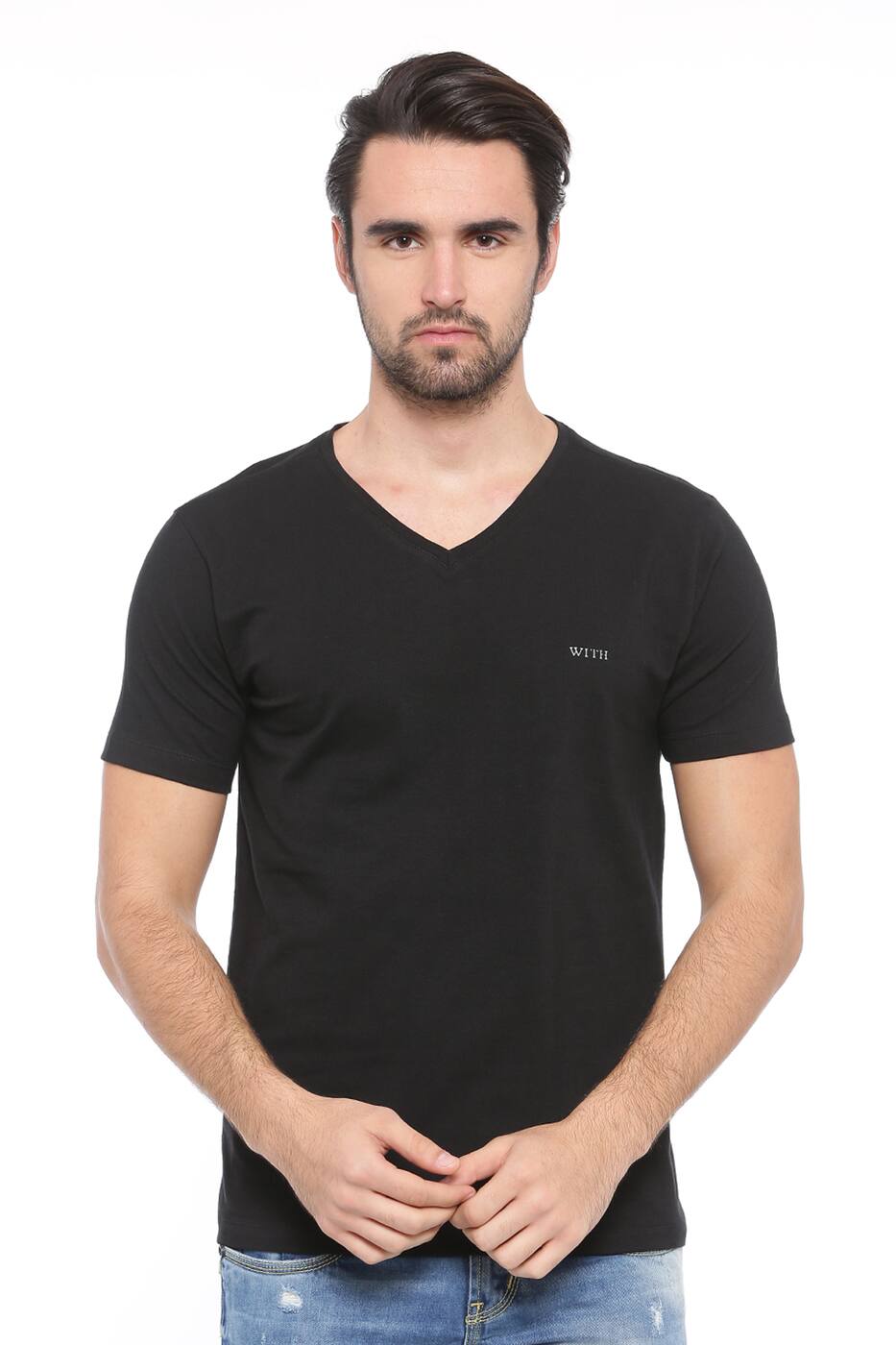 Buy Black WITH Slim Fit Vneck Tshirt AJIO