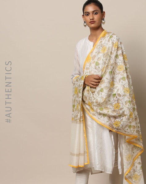 Floral Print Handloom Chanderi Dupatta with Piping Price in India