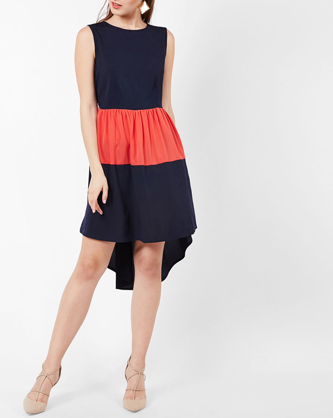 navy blue with peach dress