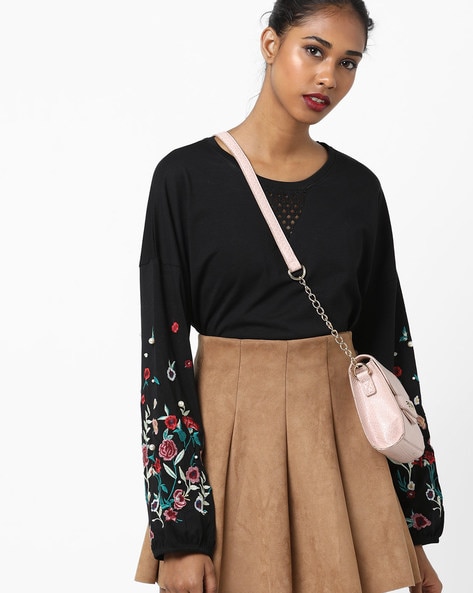 Drop-Shoulder Top with Floral Embroidery