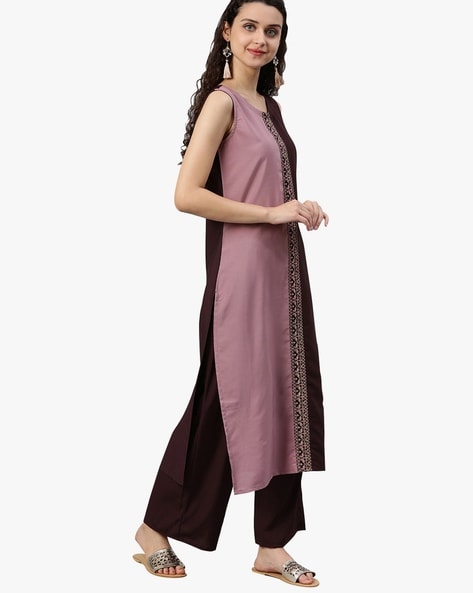 Gold Print Kurta With Printed Palazzo Pants And Dupatta Online - Idalia