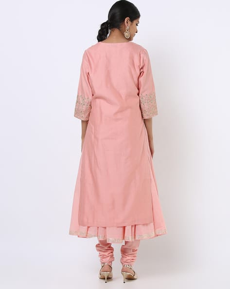 Embroidered Layered Kurta with Churidar & Dupatta view 3