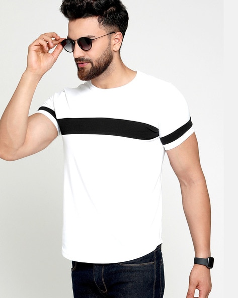 AUSK White Crew Crew-Neck T-shirt with Contrast Stripes