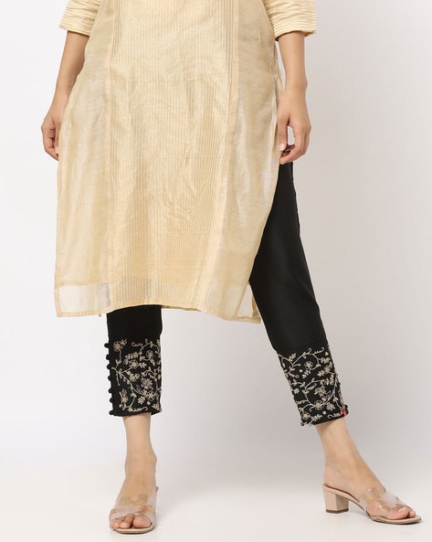 Textured Ankle-Length Pants with Embroidered Hems